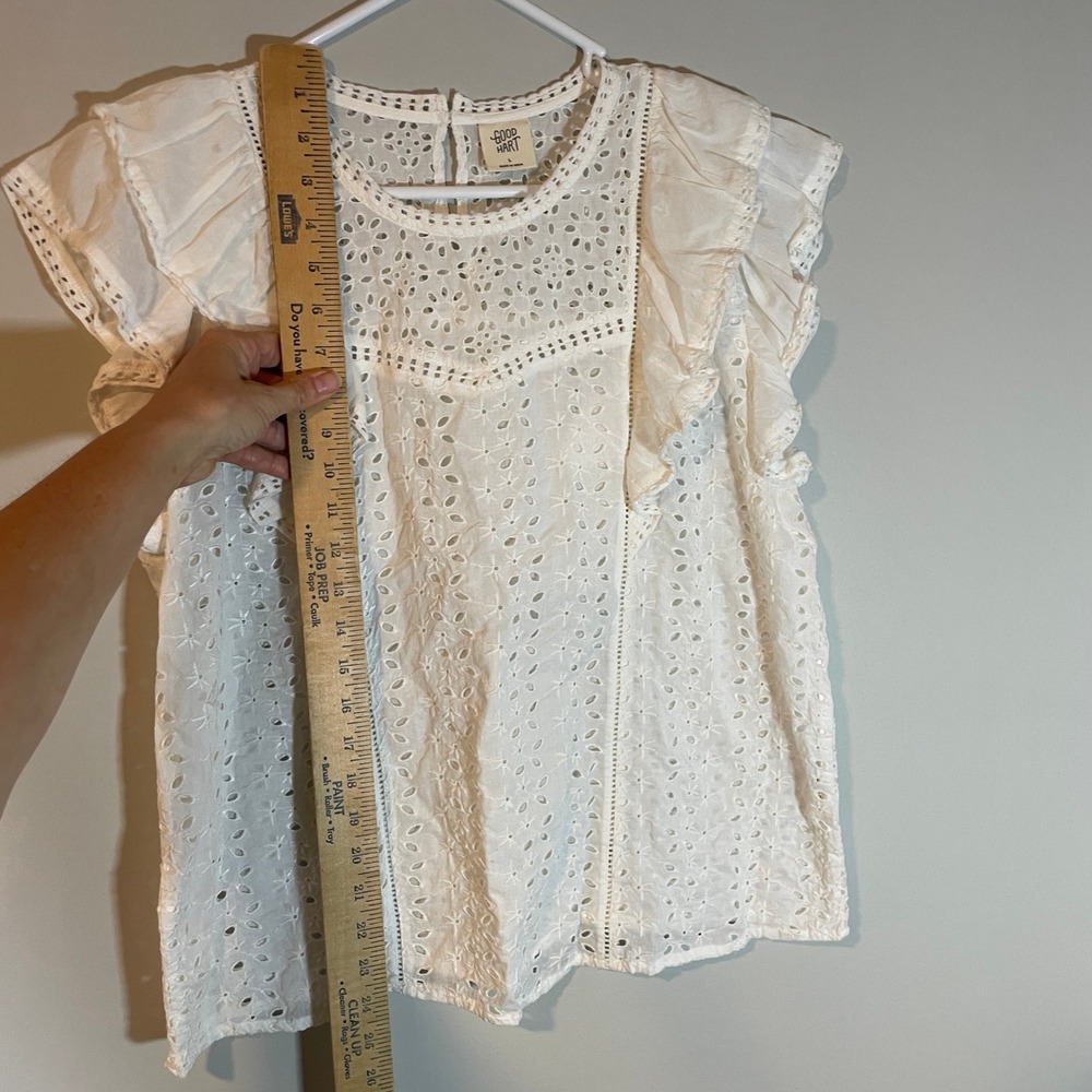 Good Hart Matilda Jane White Eyelet Ruffle Flutter Slv Cotton Blouse Top L Boho - Picture 3 of 5
